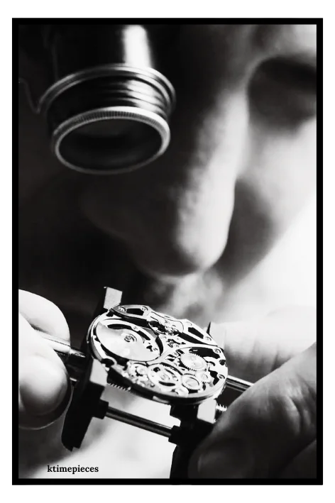 Watchmaker inspecting a movement with a loupe during assembly at KTimepieces